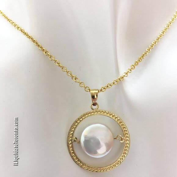 Pretty 14K Yellow Gold Genuine Floating Coin Pearl Necklace with 14K Rolo Chain - Picture 7 of 9